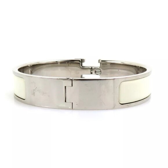Auth HERMES Clic Clac H Bangle Bracelet Silver/Off White Metal/Enamel - Picture 6 of 16